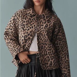 Anthropologie Let Them Be Leopard Print Bow Tie Front Quilted Women's Jacket